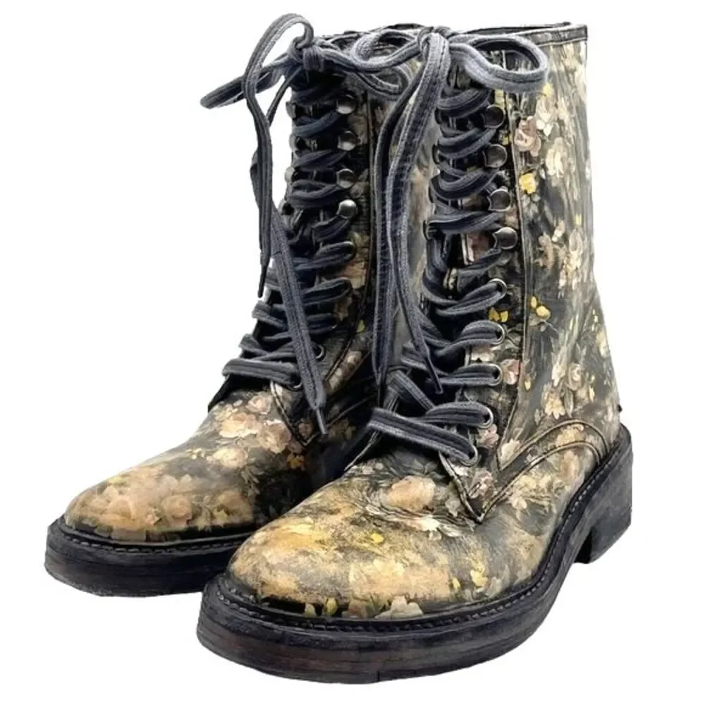 Free People Santa Fe Black Floral Leather Lace-Up Combat Boot Sz US 8 EU 38 NWT